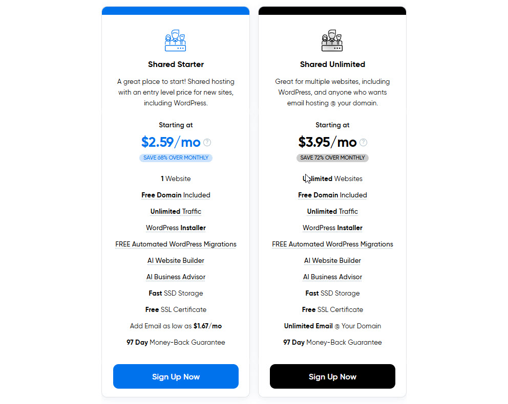 Screen shot from the pricing of DreamPress's shared hosting plans