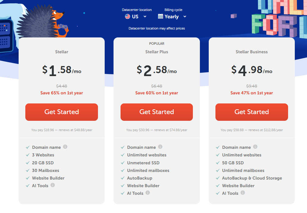 Screen shot from the pricing of namecheap's shared hosting plans